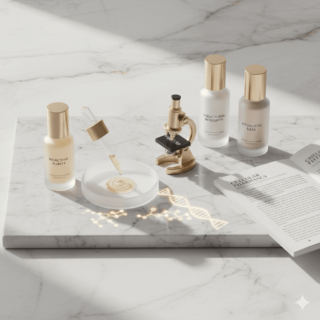 The Edit: A Curated Luxury Beauty Edit featuring gold-capped serums on white marble